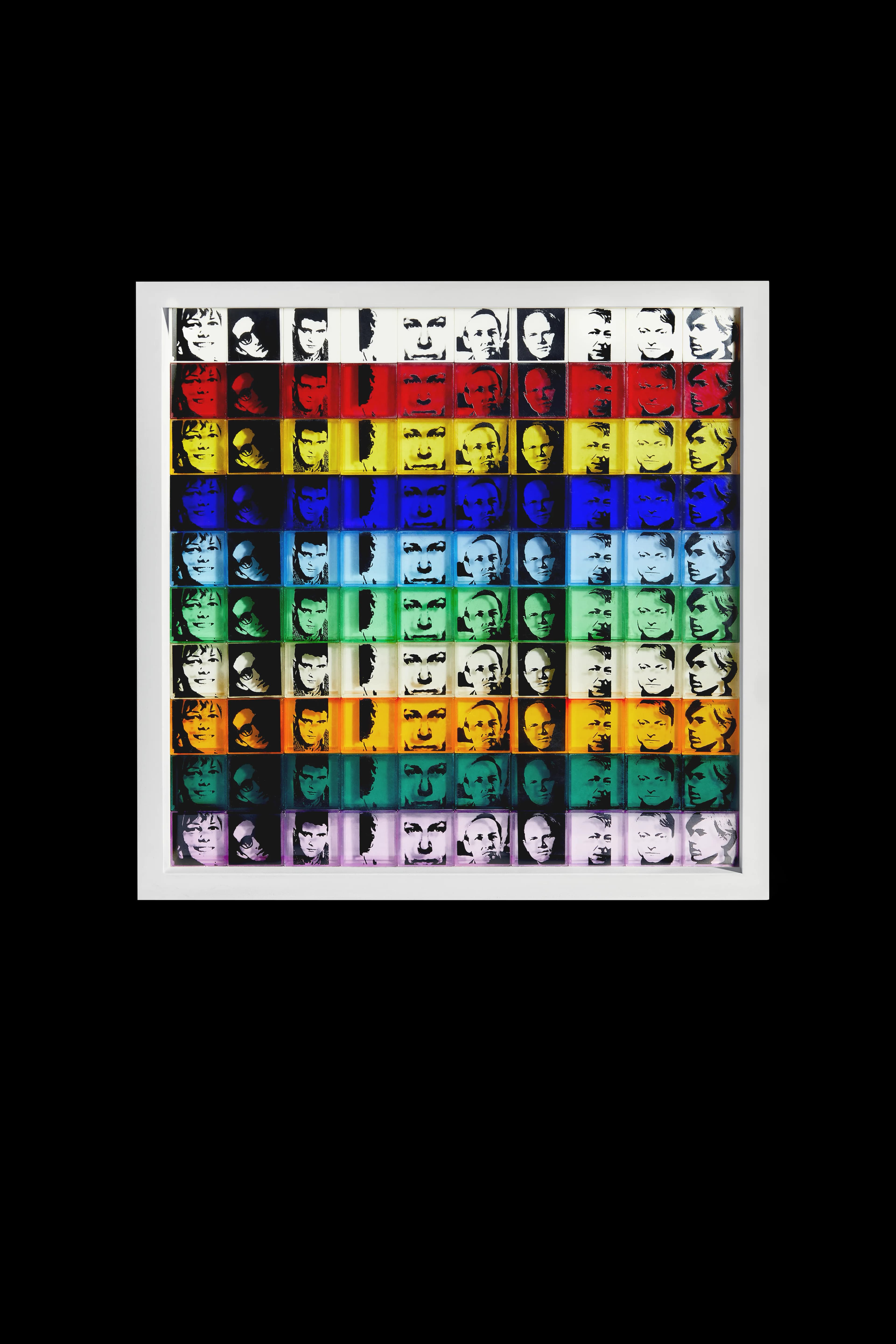 Andy Warhol multicoloured portrait grid in a gallery setting