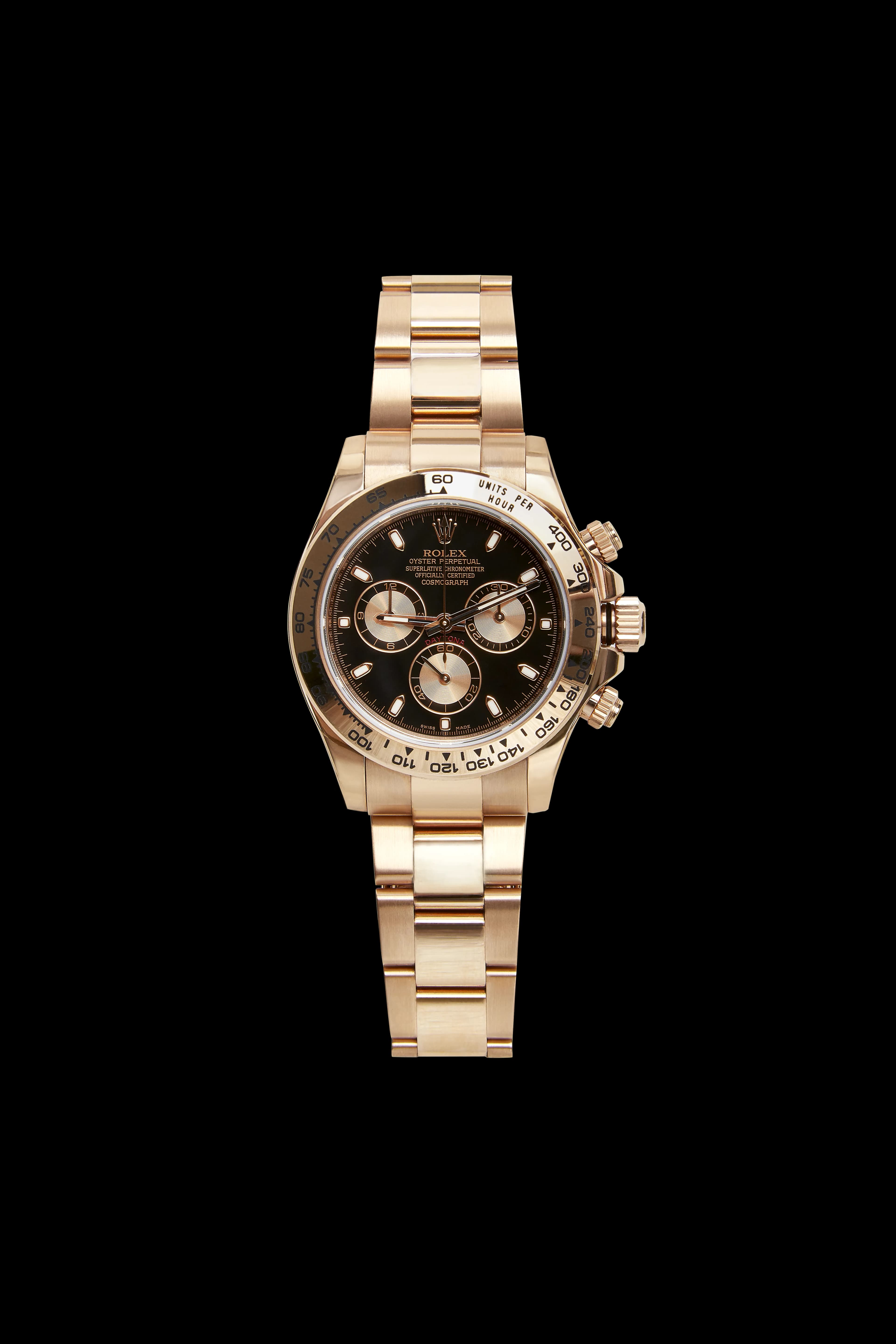 Rolex Daytona in rose gold on a black background