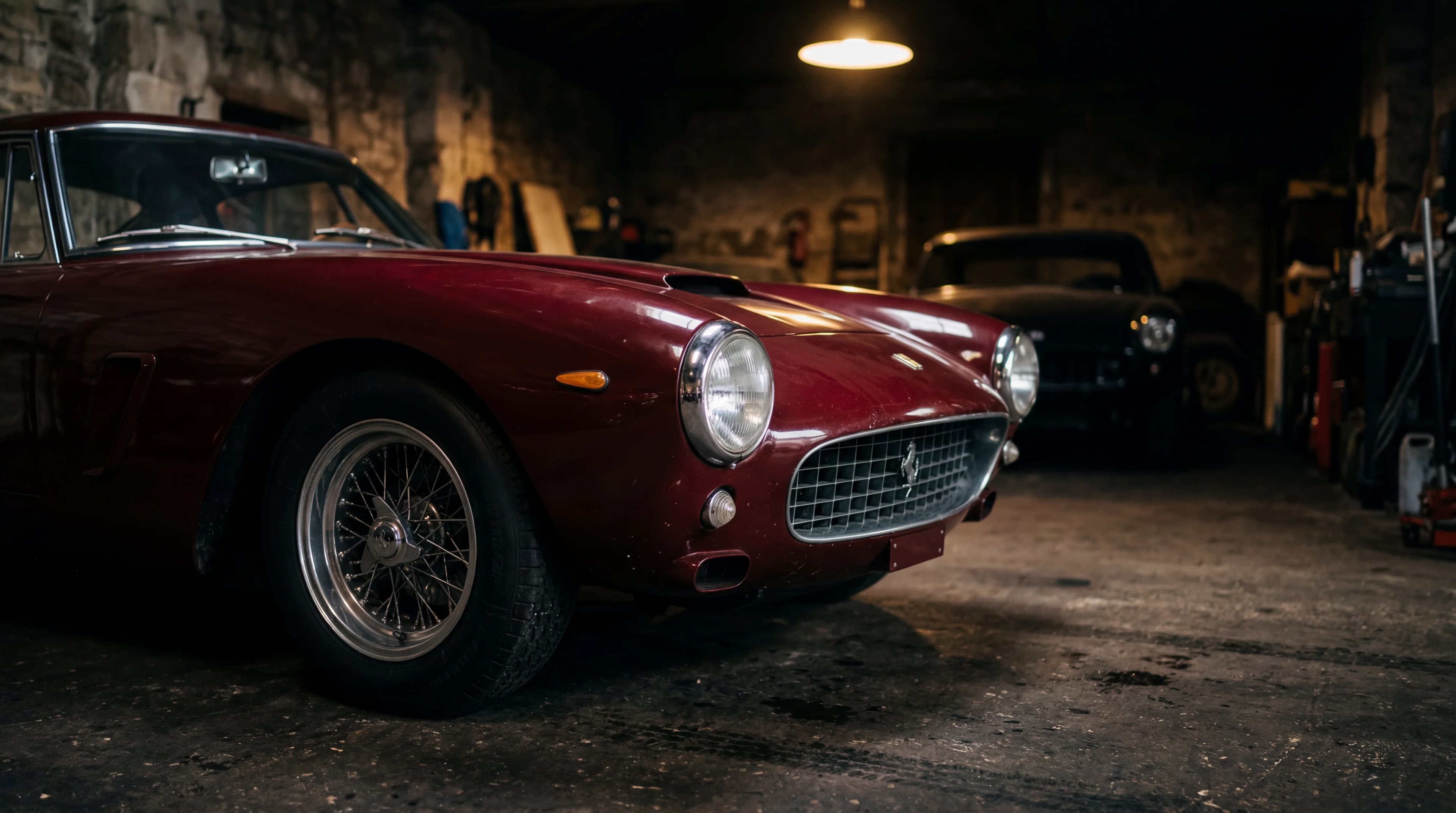 Classic Ferrari in a private garage setting, photographed in low light
