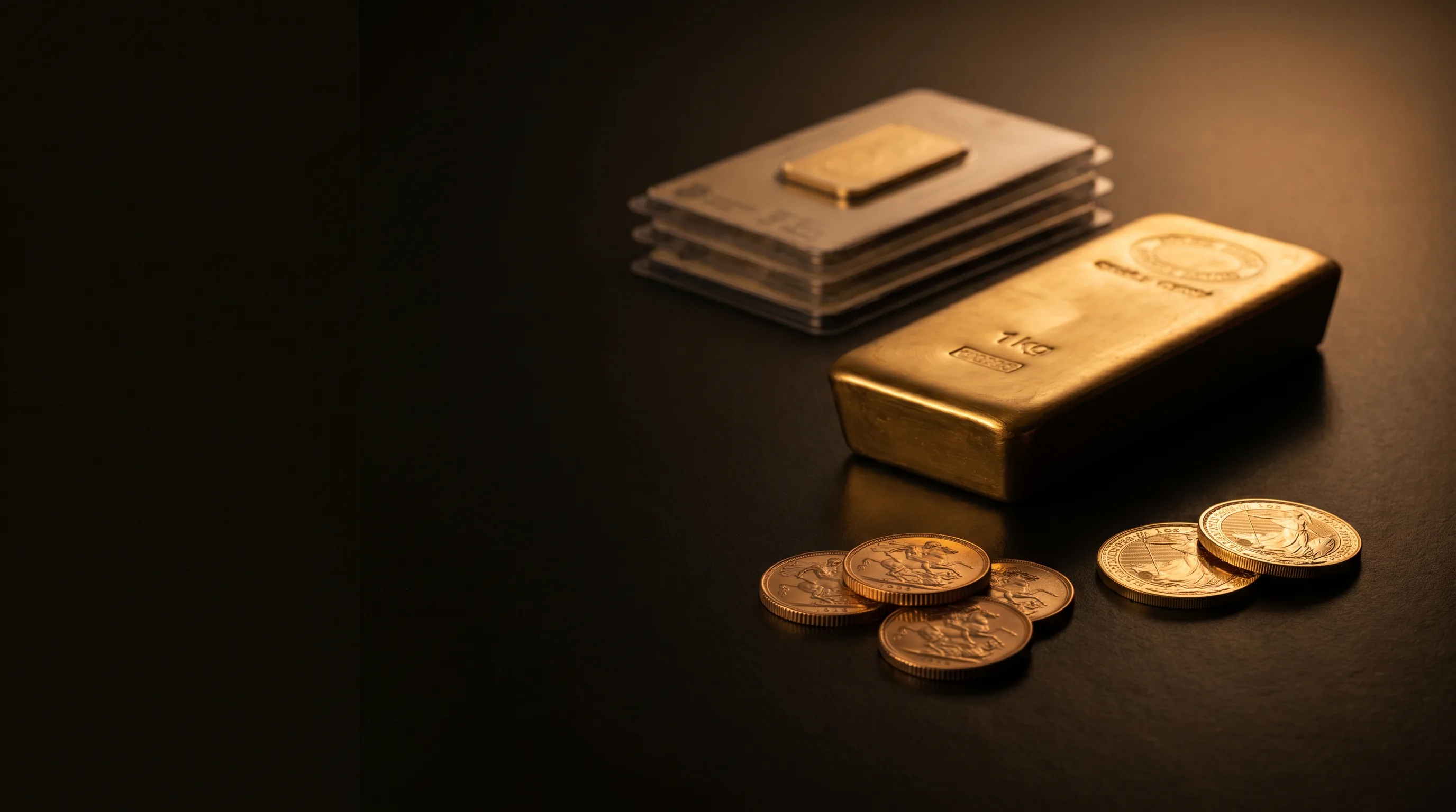 1kg gold bullion bar with stacked minted bars, Gold Sovereigns and Britannia coins on dark slate