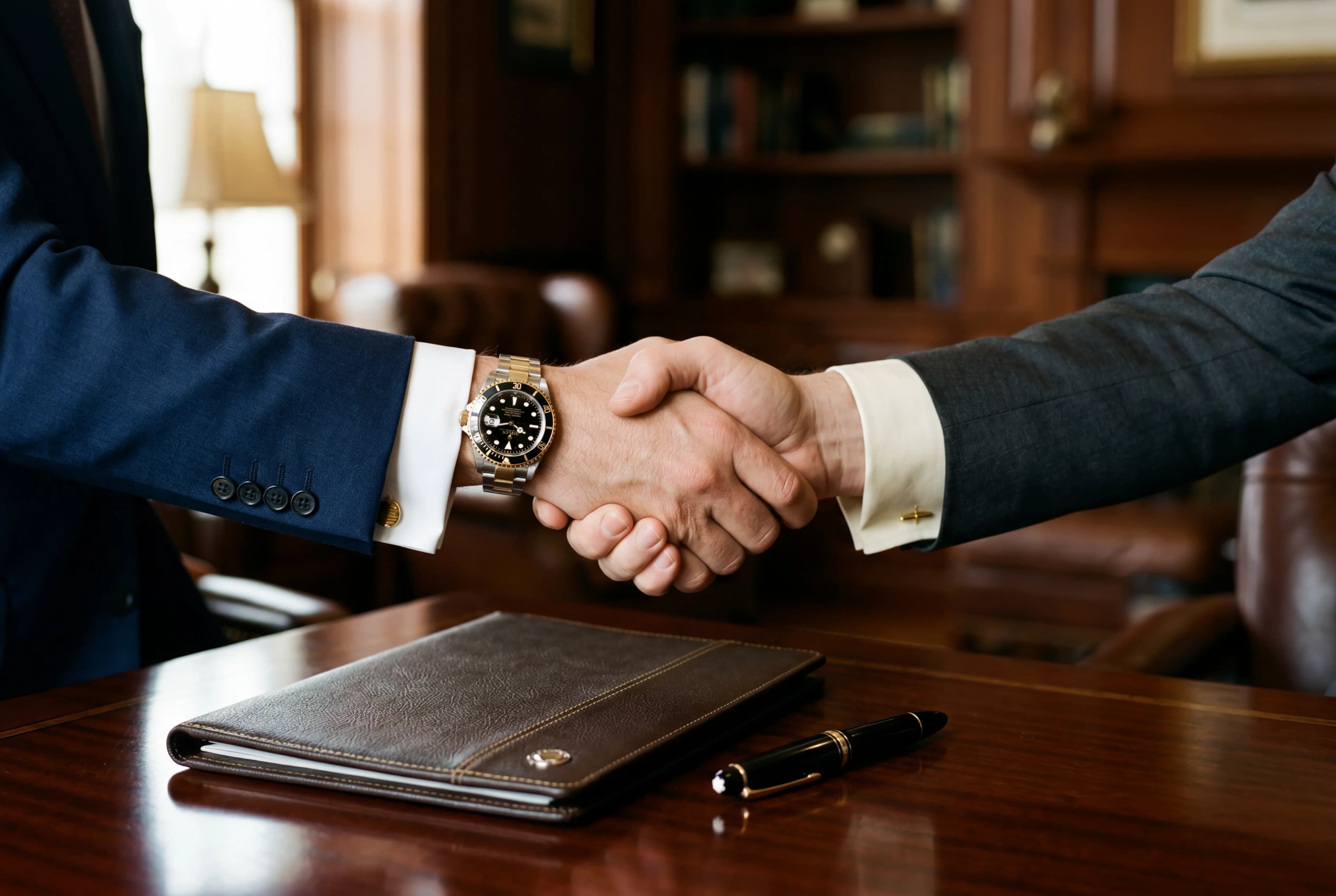 Client and advisor shaking hands in a private office