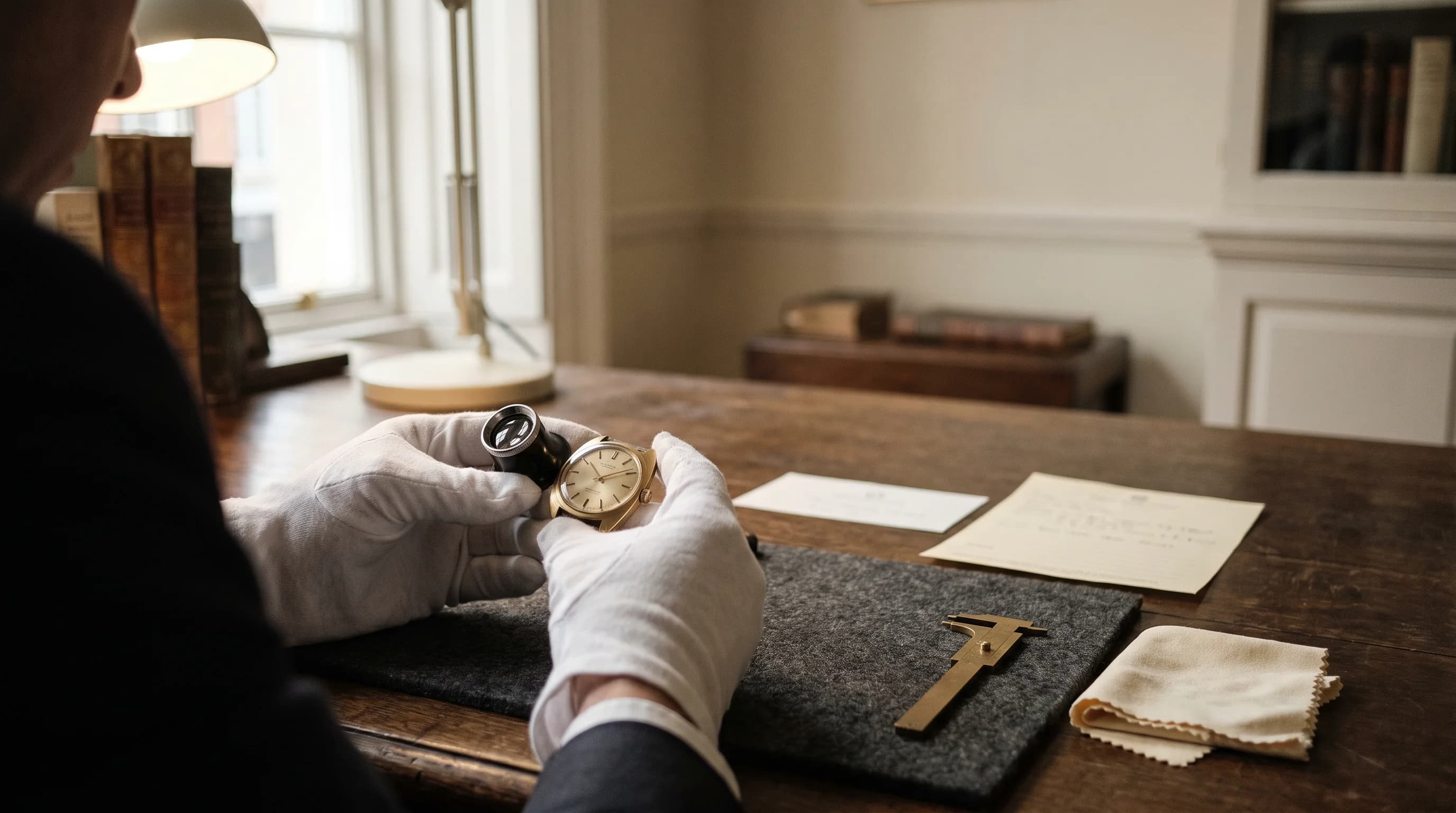 Specialist examining a gold wristwatch during a private appraisal
