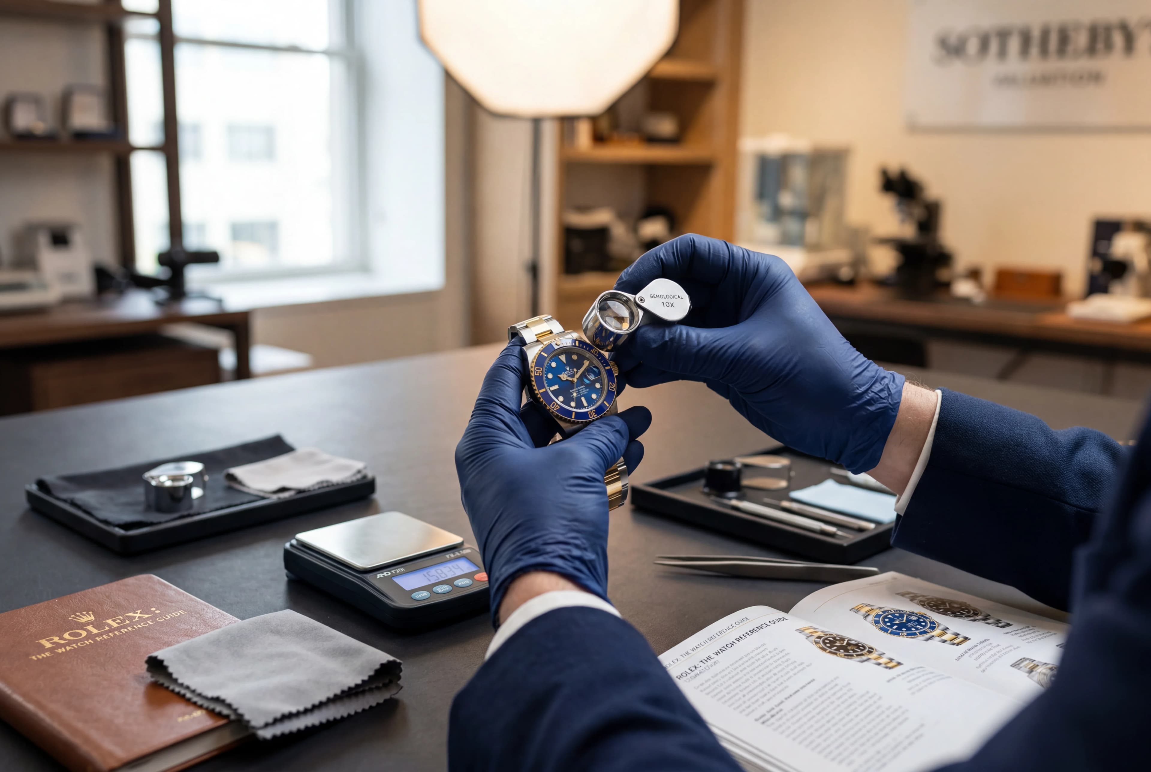 Specialist examining a luxury watch with a jeweller's loupe